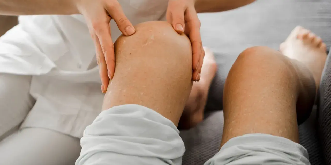 Fizjoterapeuta bada kolano pacjenta, sprawdzając stan nerwów nogi.