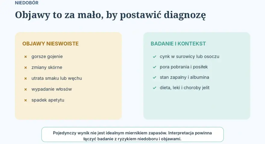 Badanie poziomu cynku w surowicy lub osoczu jest kluczowe. Niedobór może objawiać się zmianami skórnymi, wypadaniem włosów, a także gorszym gojeniem.