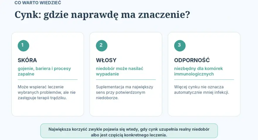 Cynk jest ważny dla skóry, włosów i odporności. Niedobór cynku może nasilać wypadanie włosów i problemy skórne. Suplementacja ma sens przy potwierdzonym niedoborze.