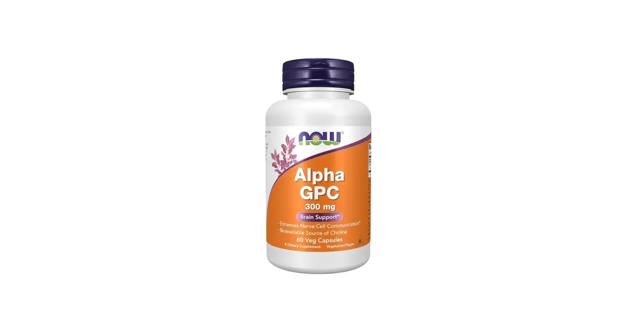 Biała butelka suplementu diety Alpha GPC 300 mg, wspierającego mózg, z fioletową zakrętką.