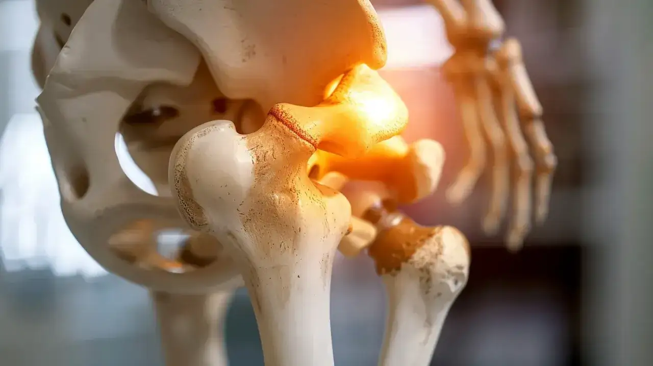 Model szkieletu ukazujący staw biodrowy z zaznaczonym bólem, sugerującym stłuczenie biodra po upadku.