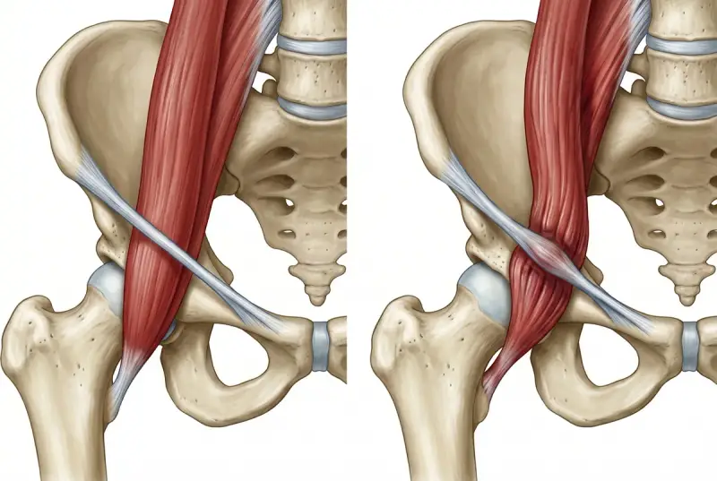 Anatomia biodra z widocznym mięśniem biodrowo-lędźwiowym, ilustrująca mechanizm zespołu trzaskającego biodra.