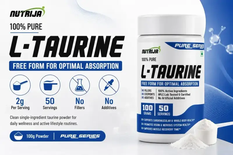 Czy tauryna pobudza? Nutrija L-Taurine, 100% czysty proszek, 2g na porcję, 50 porcji. Wspiera zdrowie, poprawia regenerację. Bez wypełniaczy i dodatków.